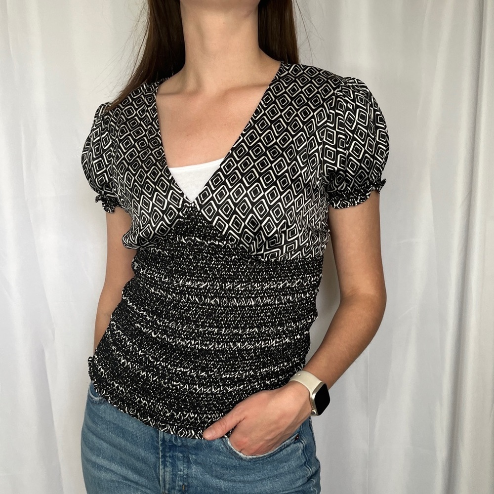 <2 for $25>INC International Concepts 100% Silk Smocked Puff Sleeve Blouse